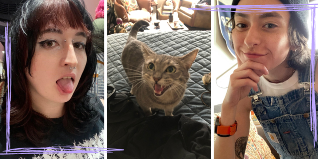a collage of Robyn on the left, a white trans woman with hair dyed black and pink, in the center, a photo of Artemis an angry gray cat, and to the right, Yashwina, a South Asian person with tattoos, brown hair, who is wearing overalls