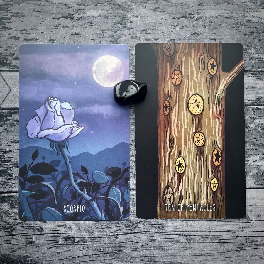 Two cards on a grey wood table:   on the left — a white rose is lit up by moonlight, it says Scorpio at the bottom  on the right — a tree stump has various pentacles on it at night, it says Ten of Pentacles on the bottom