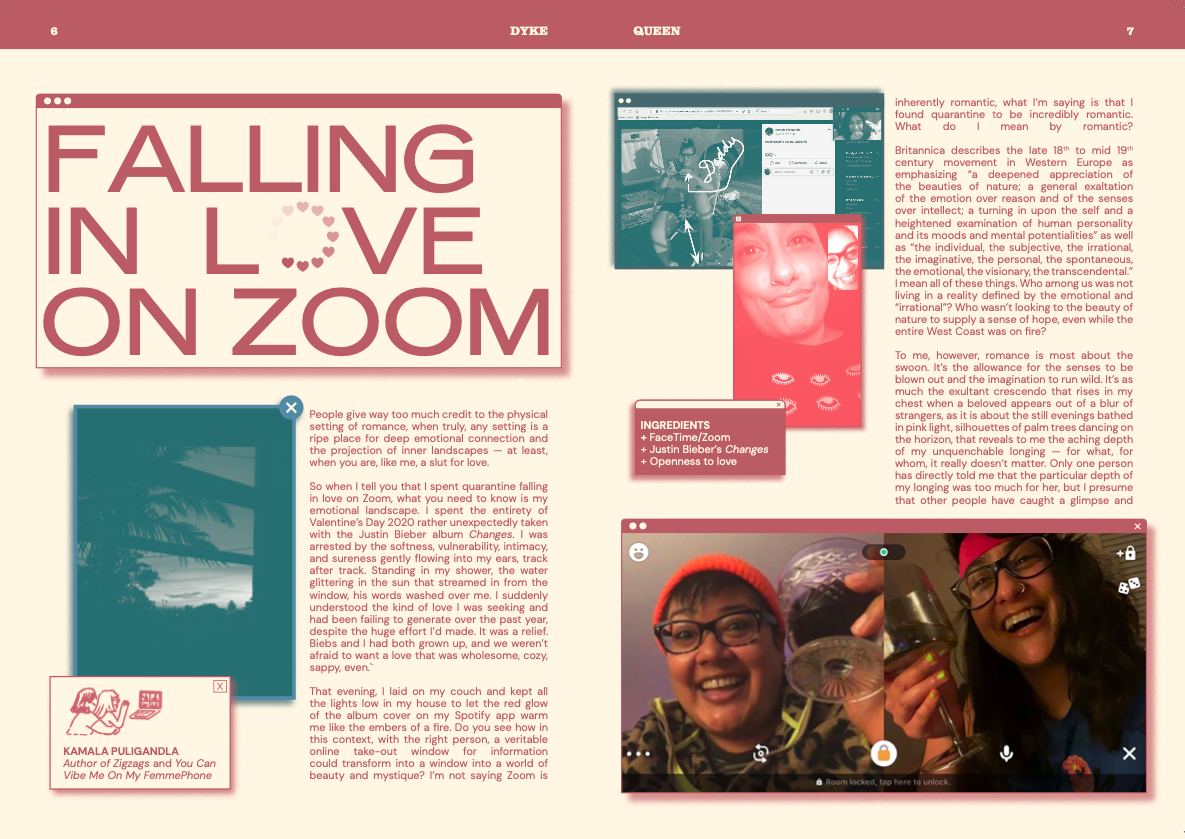 a spread from Dyke Queen Issue 3, titled Falling In Love On Zoom