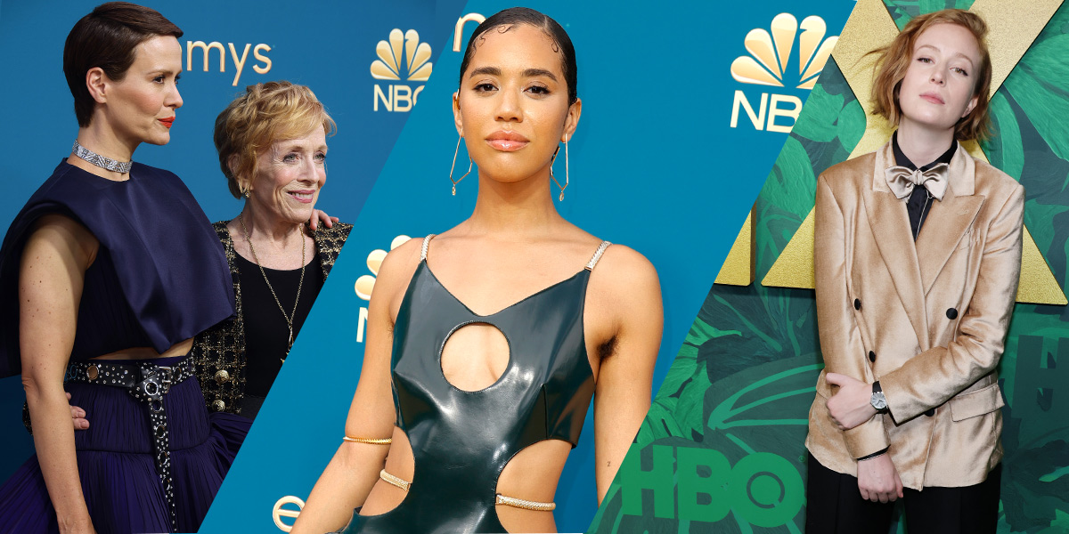 A diagonal split collage, left to right: Sarah Paulson and Holland Taylor in a navy blue dress (Sarah) and a gold and black printed jacket (Holland), Jasmin Savoy Brown in a navy blue leather dress and slicked back hair, Hannah Einbinder in a gold bow tie and bold velvet tuxedo coat.