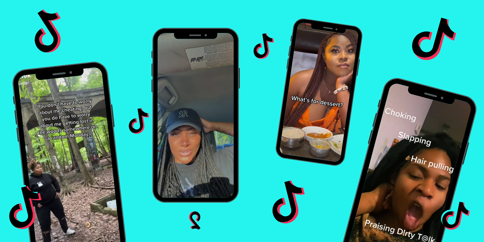 Four phones with screenshots of various TikTokson a light teal background, the TikTok logo floats in between them all