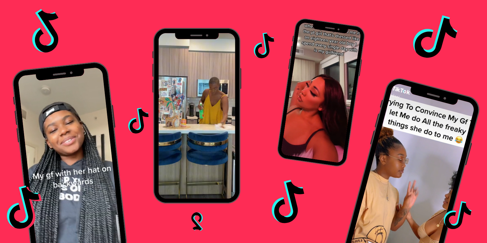 Four phones with screenshots of various TikTokson a light teal background, the TikTok logo floats in between them all