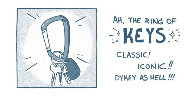 In a two panel comic, colored in shades of blue and white: A drawing of a Carabiner with keys on it, alongside the following text: AH, THE RING OF . I. *KEYS$: CLASSICI ICONIC!! DYKEY AS HELL !!!