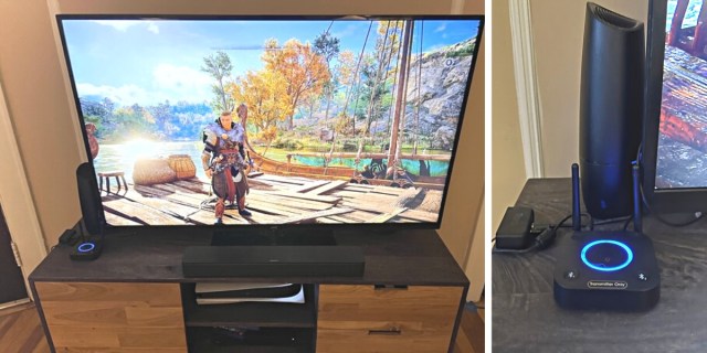 1Mii B06TX Bluetooth 5.2 Transmitter Review: On the left, a bluetooth receptor sits on a broad coffee table next to a television showing a video game, on the right a close up of the same receptor, it is a flat black square with a blue electric circle and black antena ears sticking out