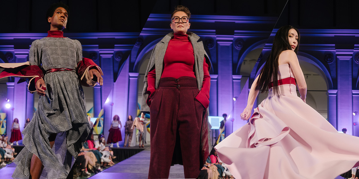 Three queer people walk the runway at the Dapper q fashion show: a black woman with short hair in a dress, a white mask over a red turtleneck, an Asian woman in a pink dress.  The runway is purple.