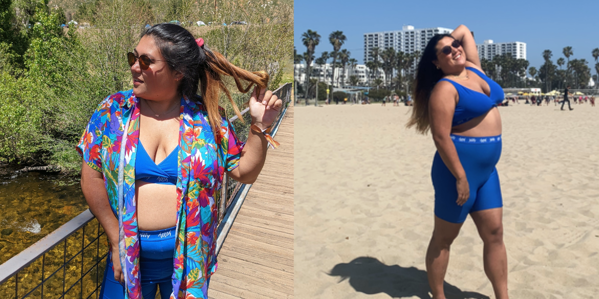 Two photos of Em Win, an Asian person with long hair and rust blonde ombre highlights in a ponytail and a bright blue spandex biker shorts and bralette set, side by side: on the left, they are wearing a brightly colored button down t-shirt that is open in the front, on the right they are posing on the beach.