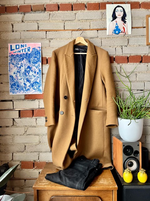 a brick wall, with a photo of PJ Harvey on the upper right corner and a power that says Long Winter to the left. Hanging on the wall is a brown long jacket