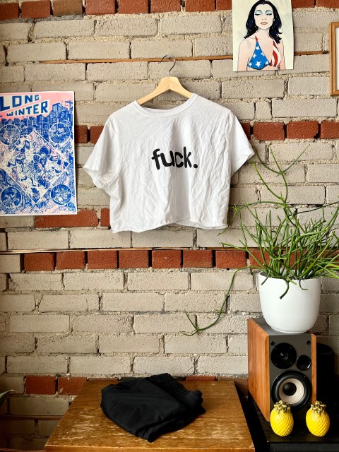 a brick wall, with a photo of PJ Harvey on the upper right corner and a power that says Long Winter to the left. Hanging on the wall is a white droptop that says fuck in lowercase letters. A pair of black leggings sits on a brown shelf