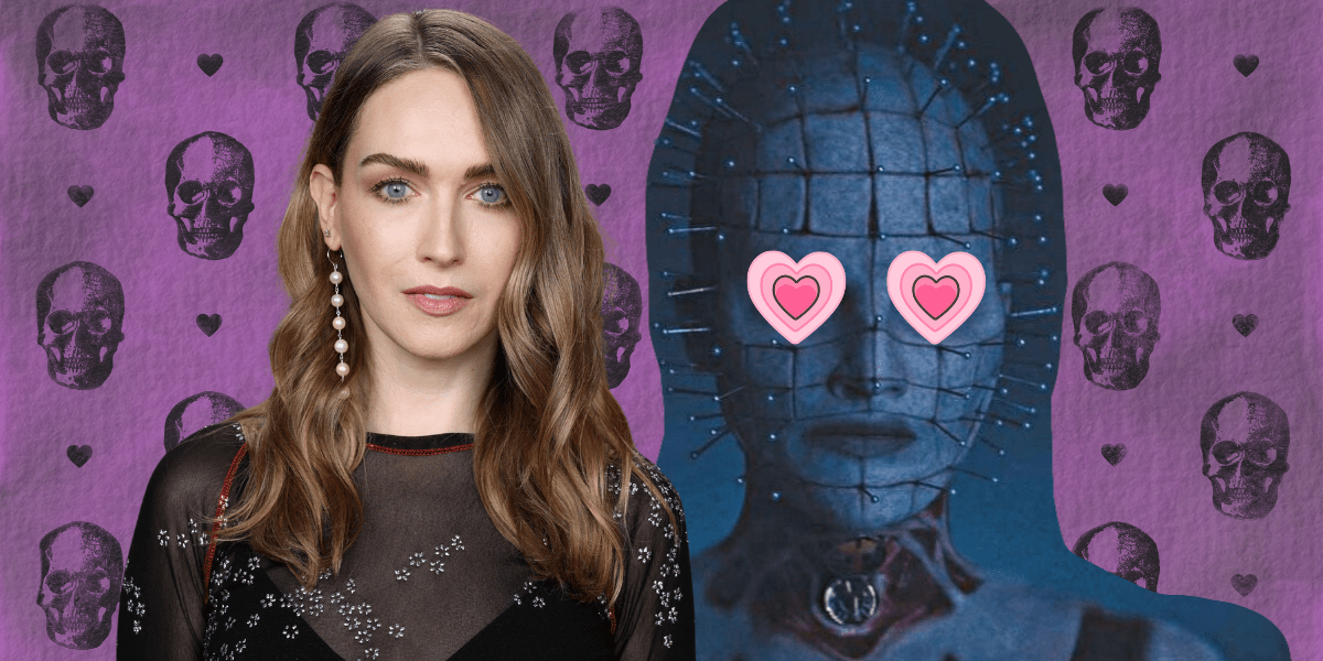 An image of Jamie Clayton is collaged next to an image of her as Pinhead in Hellraiser (which is shaded in navy blue), in front of a purple background