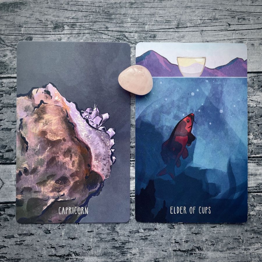  Two cards on a grey wood table:   on the left — a closeup of a purple crystal, it says Capricorn at the bottom  on the right — a red fish swims in the ocean underneath a glass of water between two purple mountains, it says Elder of Cups on the bottom