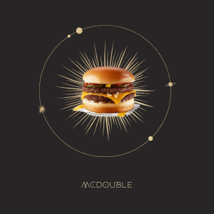 diagramă astrologică cu un cerc de stele, o imagine a unui McDouble în mijlocul unei explozii, cu text dedesubt pe care scrie McDouble