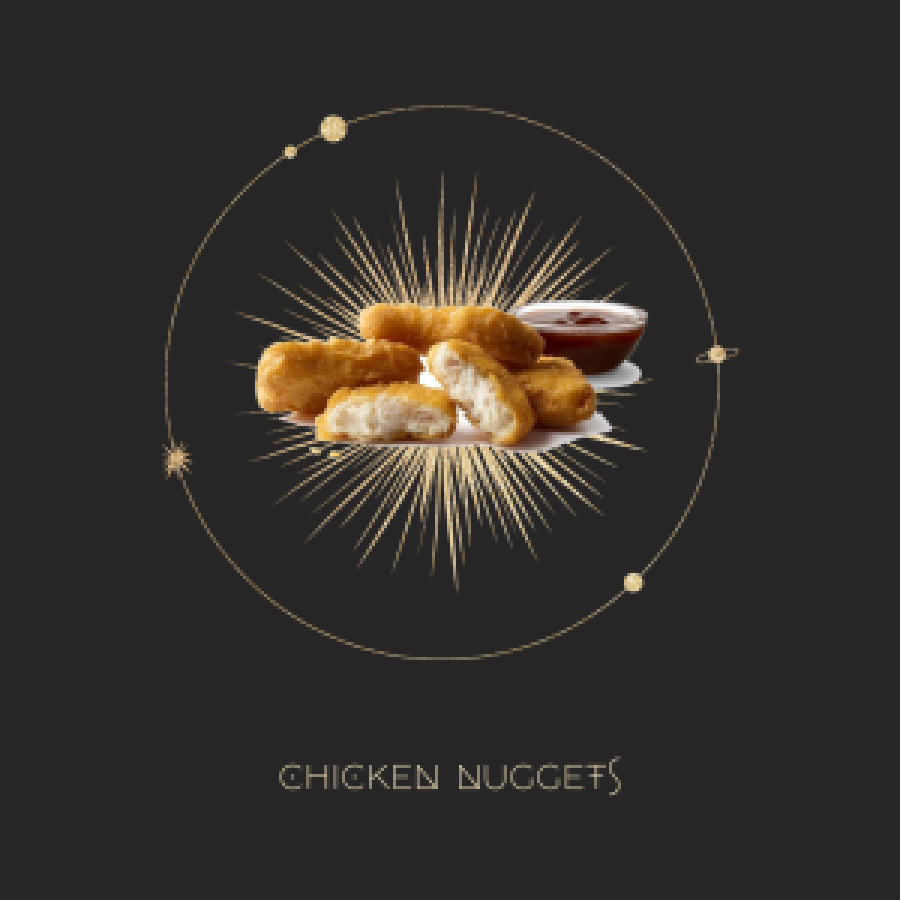 astrological map with a circle of stars, an image of chicken nuggets in the middle of a burst, with text below that reads chicken nuggets