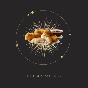 astrological map with a circle of stars, an image of chicken nuggets in the middle of a burst, with text below that reads chicken nuggets