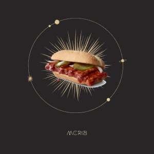 astrological map with a circle of stars, an image of a mcrib sandwhich in the middle of a burst, with text below that reads mcrib