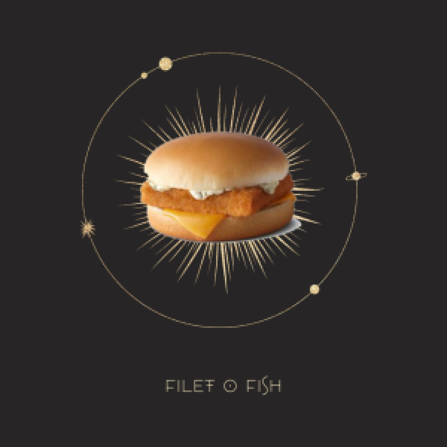 astrological map with a circle of stars, an image of a filet o fish in the middle of a burst, with text below that reads filet o fish