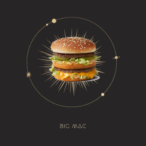 diagramă de astrologie cu un cerc de stele, o imagine a unui Big Mac în mijlocul unei rafale, cu text de mai jos pe care scrie Big Mac