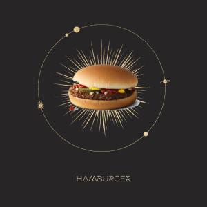diagramă stelară cu un cerc de stele, o imagine a unui hamburger în mijlocul unei explozii, cu text dedesubt care scrie hamburger
