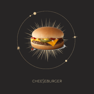 diagramă astrologică cu un cerc de stele, o imagine a unui cheeseburger în mijlocul unei explozii, cu text de mai jos pe care scrie cheeseburger