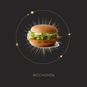 diagramă astrologică cu un cerc de stele, o imagine a unui mcchicken în mijlocul unei explozii, cu text dedesubt care citește mcchicken