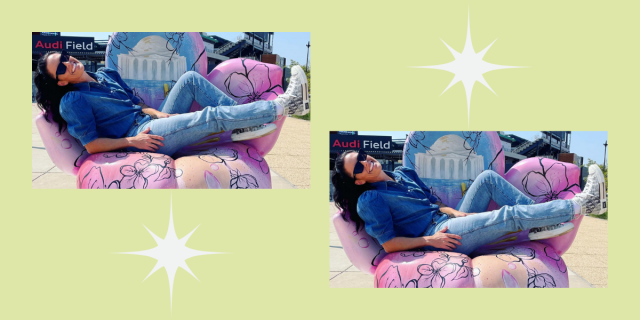 Ali Krieger reclines on an inflatable pink chair while wearing sneakers, jeans, and a denim buttondown.