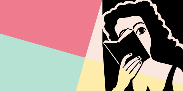 An illustrated woman peeks from behind a book