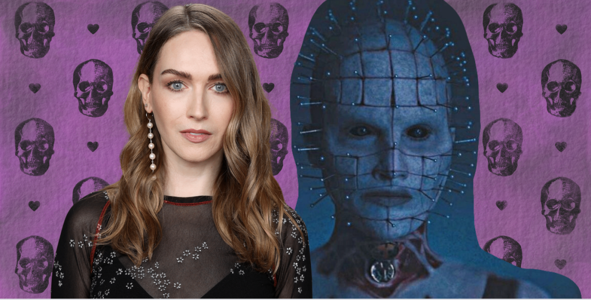 a collage with a purple skull and heart background, a photo of jamie clayton on the left, and a cut-out of the first look at jamie clayton's pinhead on the right