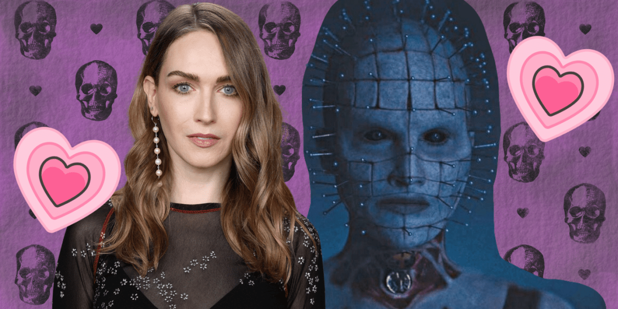 a collage with a purple skull and heart background, a photo of jamie clayton on the left, and a cut-out of the first look at jamie clayton's pinhead on the right, now with clip art pink hearts