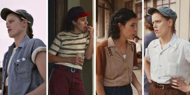Photo 1: Jess from A League of Their Own wears a blue short-sleeved buttondown over a white tee with a blue ball cap. Photo 2: Lupe from A League of Their Own wears a striped t-shirt over brown trousers and a blue and red ball cap. Photo 3: Lupe wears a brown embroidered short-sleeved buttowndown over brown pants. Photo 4: Jess wears a ligh blue short-sleeved buttondown over brown pants with a leather belt and a blue ball cap.