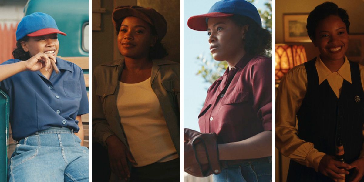 Photo 1: Max Chapman in A League of Their Own wears a navy short sleeved buttondown with a blue ball cap with red brim and jeans. Photo 2: Max wears a white tank and unbuttoned long sleeve shirt and newsie cap. Photo 3: Max wears a burgundy short sleeved buttondown with a blue ball cap with red brim and a baseball mitt. Photo 4: Max wears a yellow silk blouse with a black vest and smiles.