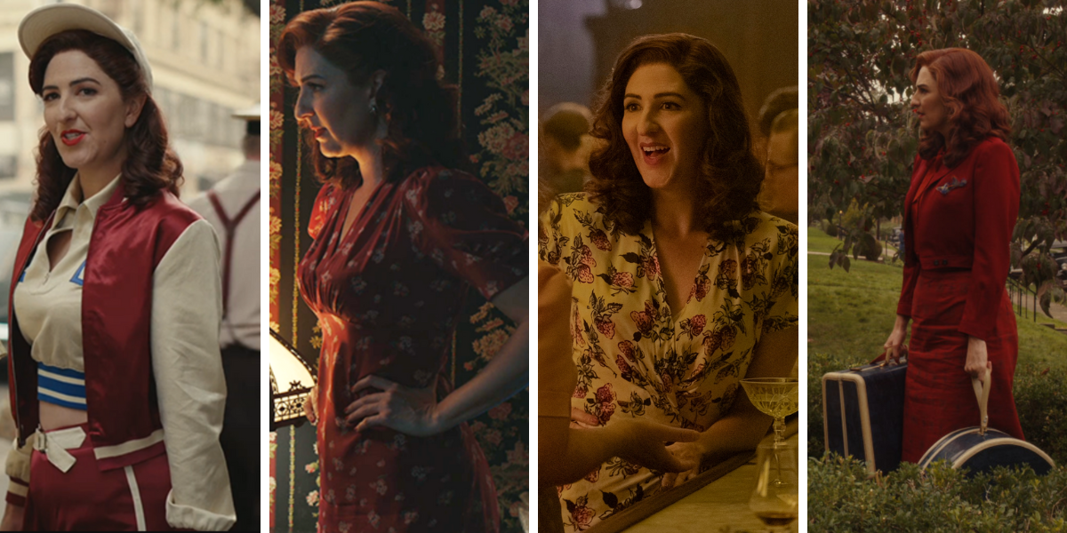 Photo 1: Greta from A League Of Their Own in a cream cropped polo, red and cream bomber varsity jacket, and high waisted red track pants with a white belt. Photo2: Greta in a red floral dress. Photo 3: Greta in a cream floral dress. Photo 4: Greta in a red wool dress with matching jacket.