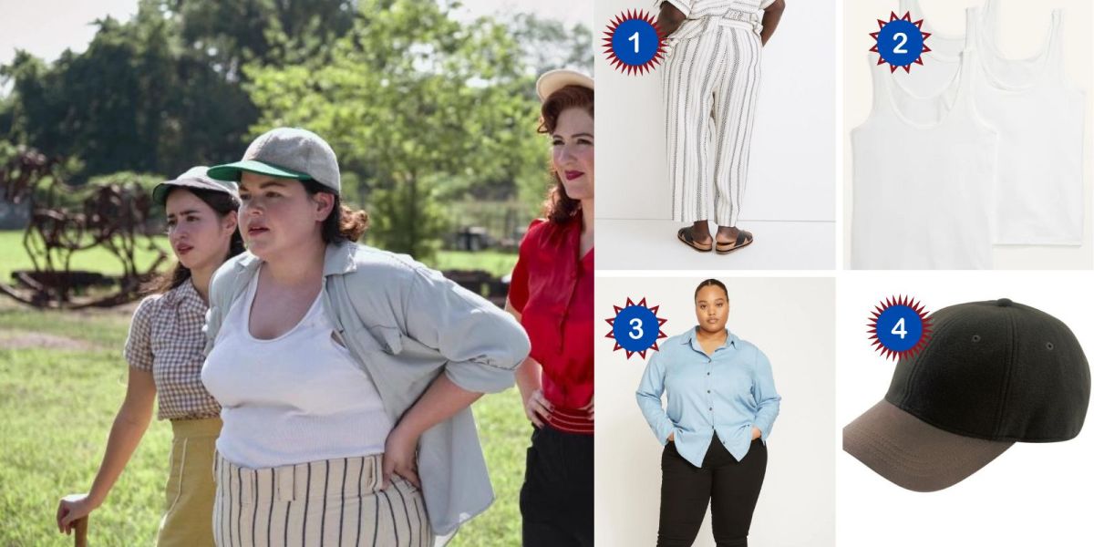 Jo DeLuca in A League of Their Own wears a white tank over cream and navy striped pants with an open buttondown over the tank with the sleeves rolled up. She also wears a ball cap. Products pictured: cream pinstripe plus-size pants, white tank tops, a chambray buttondown, and a dark green wool ball cap.