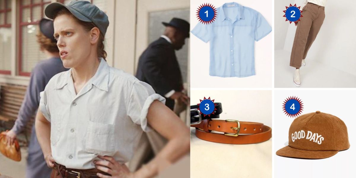 Jess from A League of Their Own wears a blue cap with a light blue short-sleeved buttondown over brown pants. Products depicted: A blue short-sleeved buttondown, brown high-waisted pants, a brown leather belt, and a vintage brown hat that says GOOD DAYS on it.