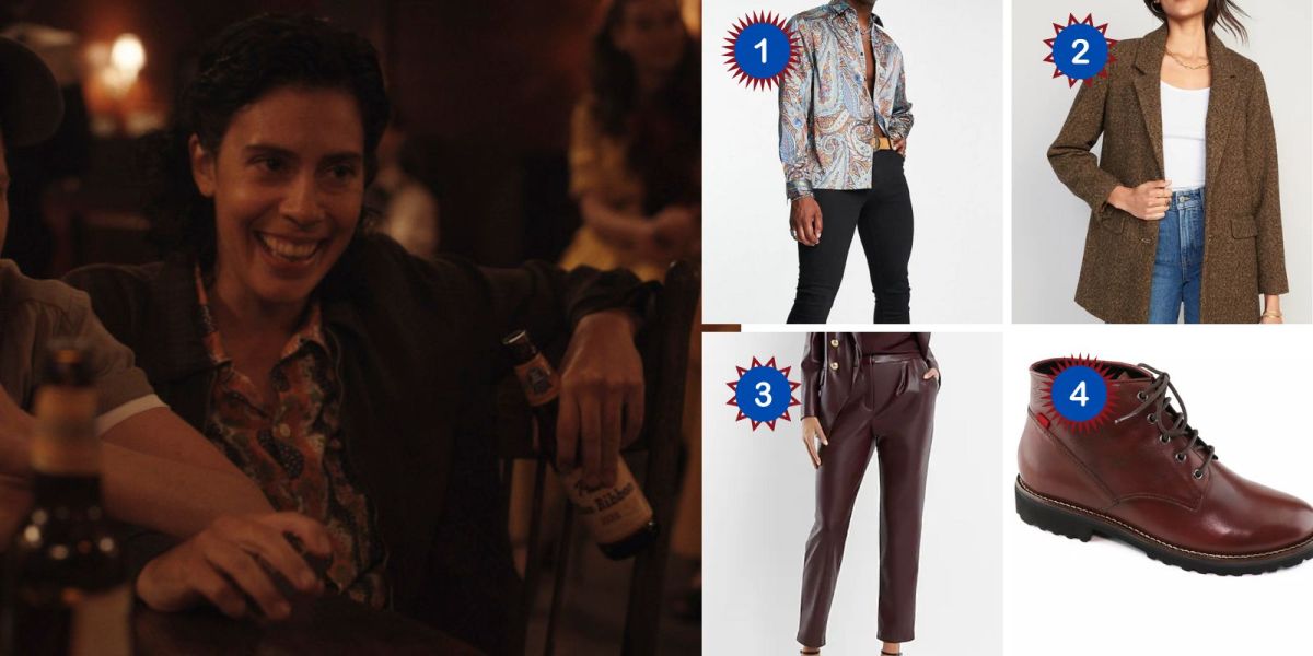 Lupe in A League of Their Own wears a paisley shirt under a blazer at the gay car. Products depicted: A long-sleeved silky paisley shirt, a brown herringbone oversized blazer, mahogany pleather pants, and leather boots.