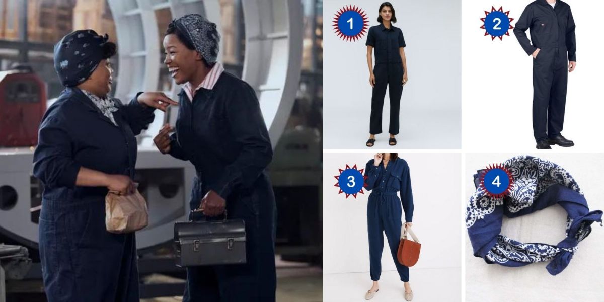 Photo 1: Max and Clance on A League of Their Own are at the factory where they work in their jumpsuits. Photo 2: A blue set of coveralls. Photo 3: A blue pair of longsleeved Dickies coveralls. Photo 4: A blue long sleeved jumpsuit. Photo 5: A blue and white bandana.