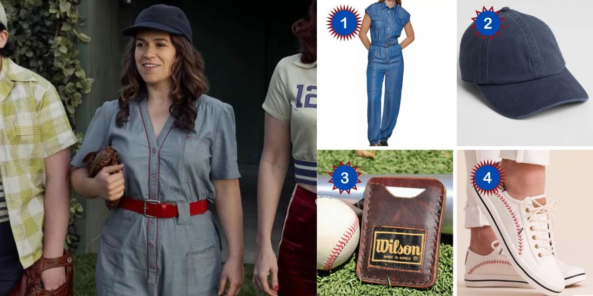 Photo 1: Carson Shaw from A League of Their Own wears a blue jumpsuit with a red belt and a blue ball cap while holding her glove. Photo 2: A blue denim jumpsuit. Photo 3: A blue ball cap. Photo 4: A leather wallet. Photo 5: A pair of Keds designed to look like baseballs.