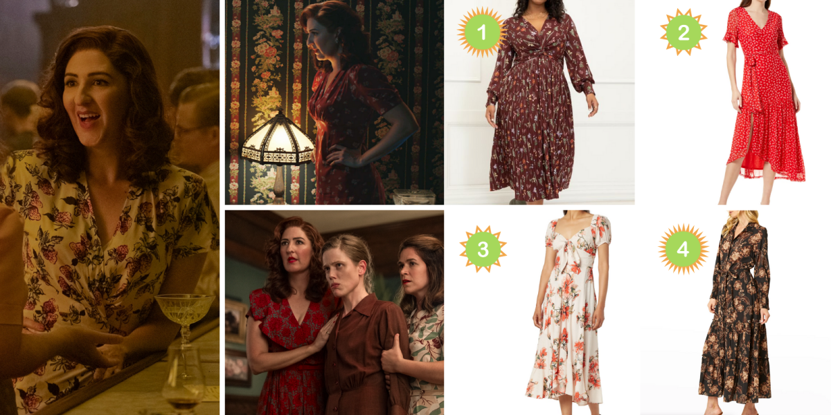 Greta Gil in A League Of Their Own wearing a cream floral dress and two different red floral dresses. Photo 1: A red floral maxi dress. Photo 2: A bright red wrap tie maxi dress in floral pattern. Photo 3: A cream floral maxi dress. Photo 4: A black and brown floral long sleeved maxi dress.