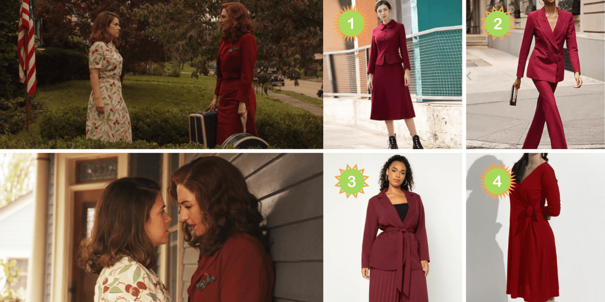Greta Gil and Carson Shaw in A League Of Their Own. Photo 1: A red wool vintage skirt suit. Photo 2: A red double breasted blazer. Photo 3: A red wrap-tie blazer. Photo 3: A red wool wrap dress.