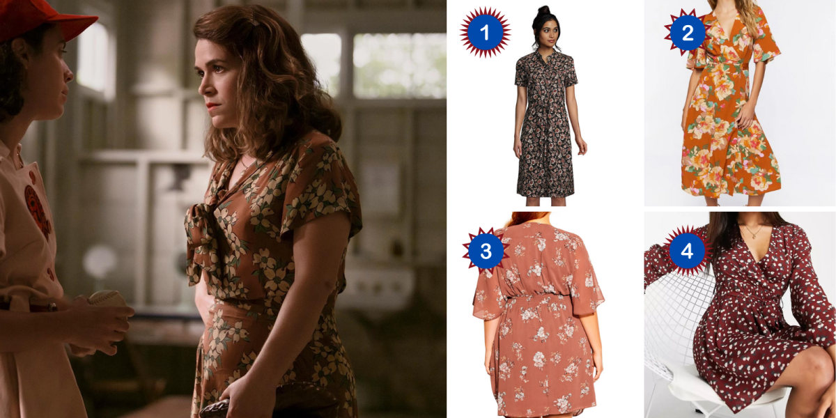 Photo 1: Carson Shaw in A League of Their Own in the locker room wearing a brown floral wrap dress when talking to Lupe. Photo 2: A black floral short-sleeved dress. Photo 3: An orange floral short-sleeved dress. Photo 4: A pale red floral wrap dress. Photo 5: A brown floral skater dress.