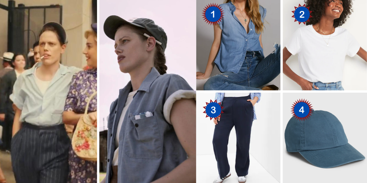 Jess in A League of Their Own wears a blue short-sleeve buttondown with the sleeves rolled up over a white tee with trousers and a blue ball cap. Photos of: A denim short-sleeve shirt, a white t-shirt, blue trousers, and a blue ball cap.