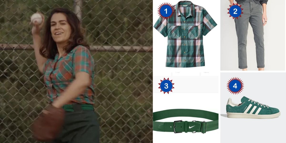 Photo 1: Carson Shaw in A League of Their Own wears a plaid short-sleeved shirt over gray pants and is about to toss a baseball to someone off-screen. Photo 2: A blue and brown plaid short-sleeved shirt. Photo 3: A pair of gray high-waisted pants. Photo 4: A green belt with the Nike logo on it. Photo 5: A pair of green retro Adidas sneakers.