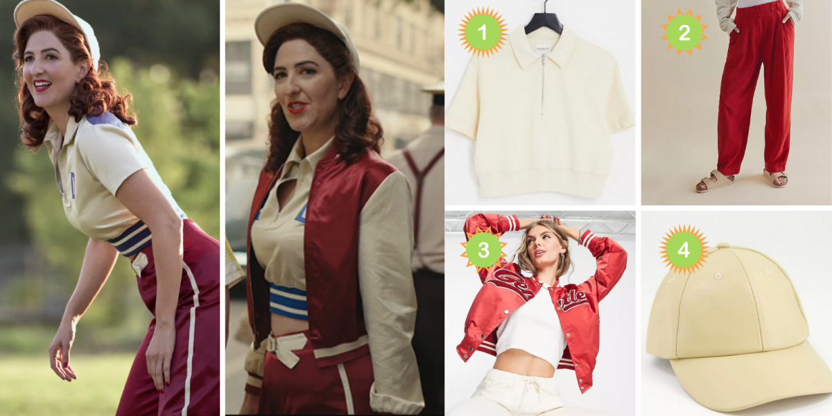 Side by side photos of Greta from A League Of Their Own wearing burgundy track pants and a cropped polo and a matching cream and burgundy varsity bomber. Photo 1: A cropped cream polo. Photo 2: Red loose pants. Photo 3: A red and white bomber jacket that says GENTLE in embroidery. Photo 4: A cream ball cap.