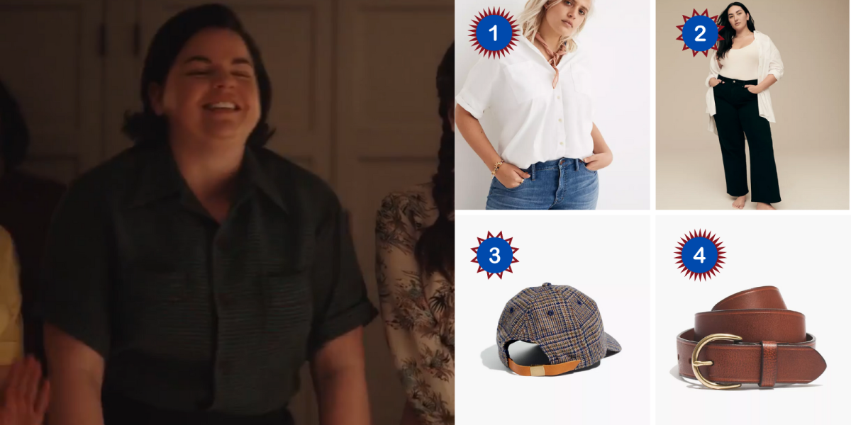 Jo in A League of Their Own smiles while wearing a dark short-sleeved buttondown. Products depicted: A white short-sleeved buttondown, black jeans, a plaid hat, and a brown belt.