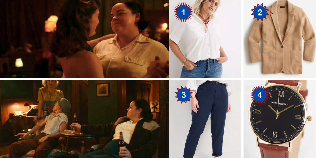 Jo DeLuca in A League of Their Own wears a white short-sleeved buttondown at the gay bar. Products depicted: A white short-sleeved buttondown, a camel sweater blazer, blue trousers, and a leather strap watch.