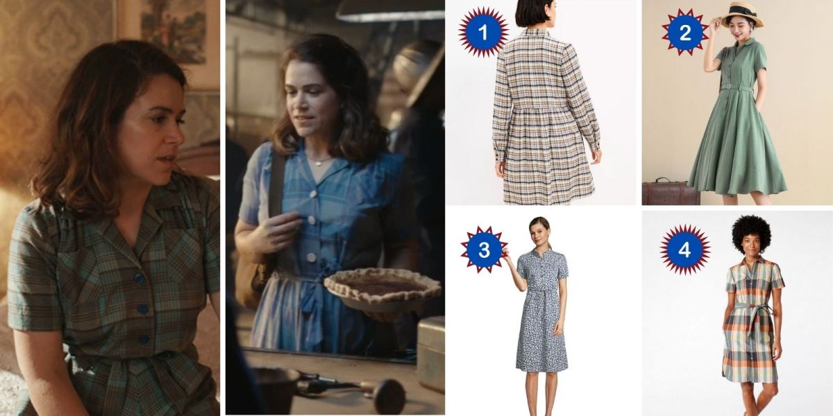 Side-by-side photos of Carson Shaw in A League of Their Own wearing a plaid shirt dress. Four different shirtdresses: two in plaid patterns, one in solid green, and one in solid blue.