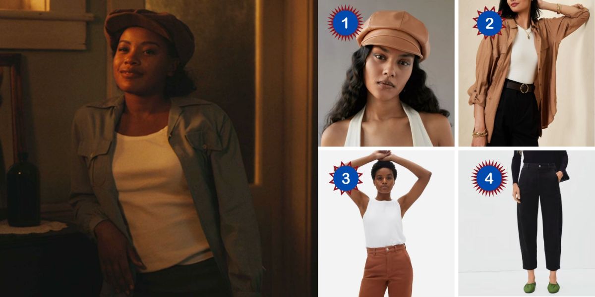 Photo 1: Max Chapman from A League of Their Own wears a white tank and an open buttondown shirt and a newsie cap. Photo 2: A brown newsie cap. Photo 3: An open oversized brown long sleeved buttondown. Photo 5: A white tank. Photo 6: Black pants.