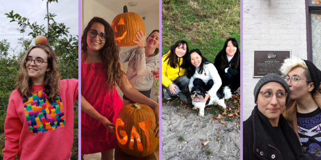 a collage showing Anya, a white woman with long brown-blonde hair smiling in an orchard and balancing an apple on her head, Kayla a South Asian woman with glasses and long brown hair smilign with a jack o lantern she carved that says gay with her partner Kristen in the background, a white butch human with long brown hair that is holding up a jack o lantern that is smiling, then there is a photo of viv with their sisters and family dog and they are all asian humans, sitting outside in fall weather, and finally, there is a photo of nico and their partner sadie outside of gertrude stein's birth home in the autumn. nico, a white human with bleached hair wearing fall clothes and a beanie is kissing the head of their partner, sadie, a white gender non conforming woman wearing a beanie and coat