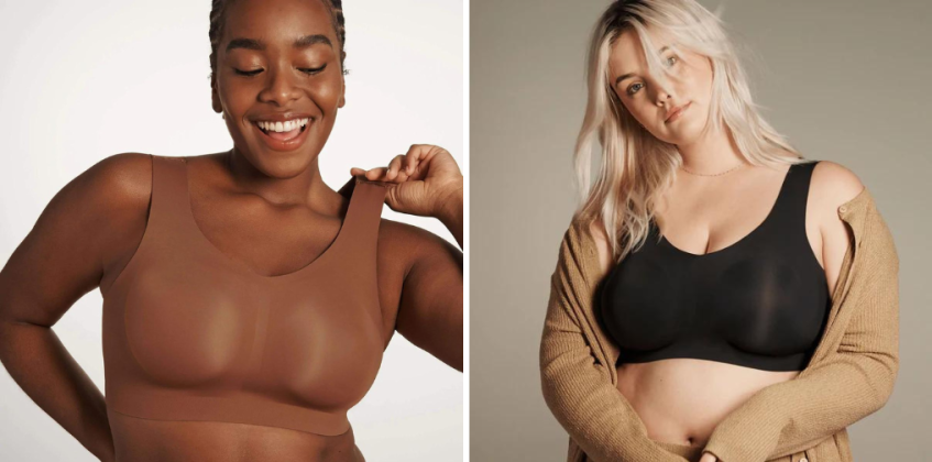 L-R: A Black model wearing the Defy Bra in the color "Clay," which is a medium brown. / A white model wearing the Defy Bra in Black Onyx with an unbuttoned tan cardigan.