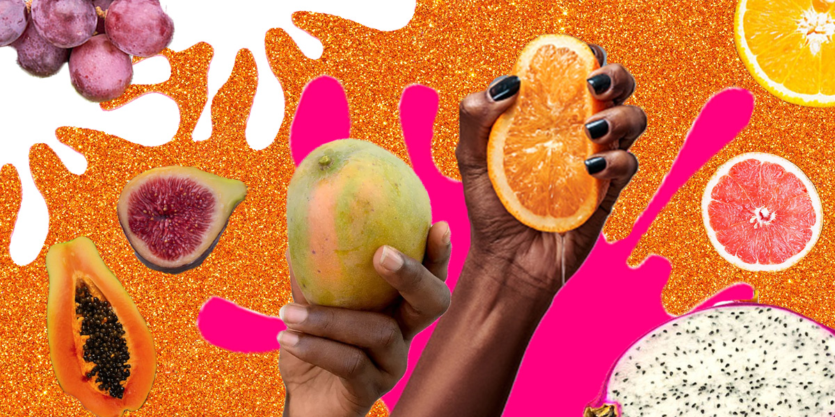 A hand squeezing an orange, another hand holding a mango, figs, grapes, and citrus segments against a glittery orange and pink background.