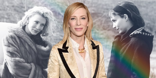 Cate Blanchett in front of a still from Carol of Therese and Carol making eyes at one another