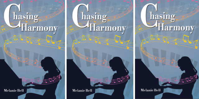 The book cover for Chasing Harmony: A silhouette of a girl sitting at a piano